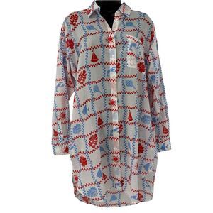 LOFT Beach Coastal Printed Long Sleeve Shirt Dress | White/Red/Blue | Small